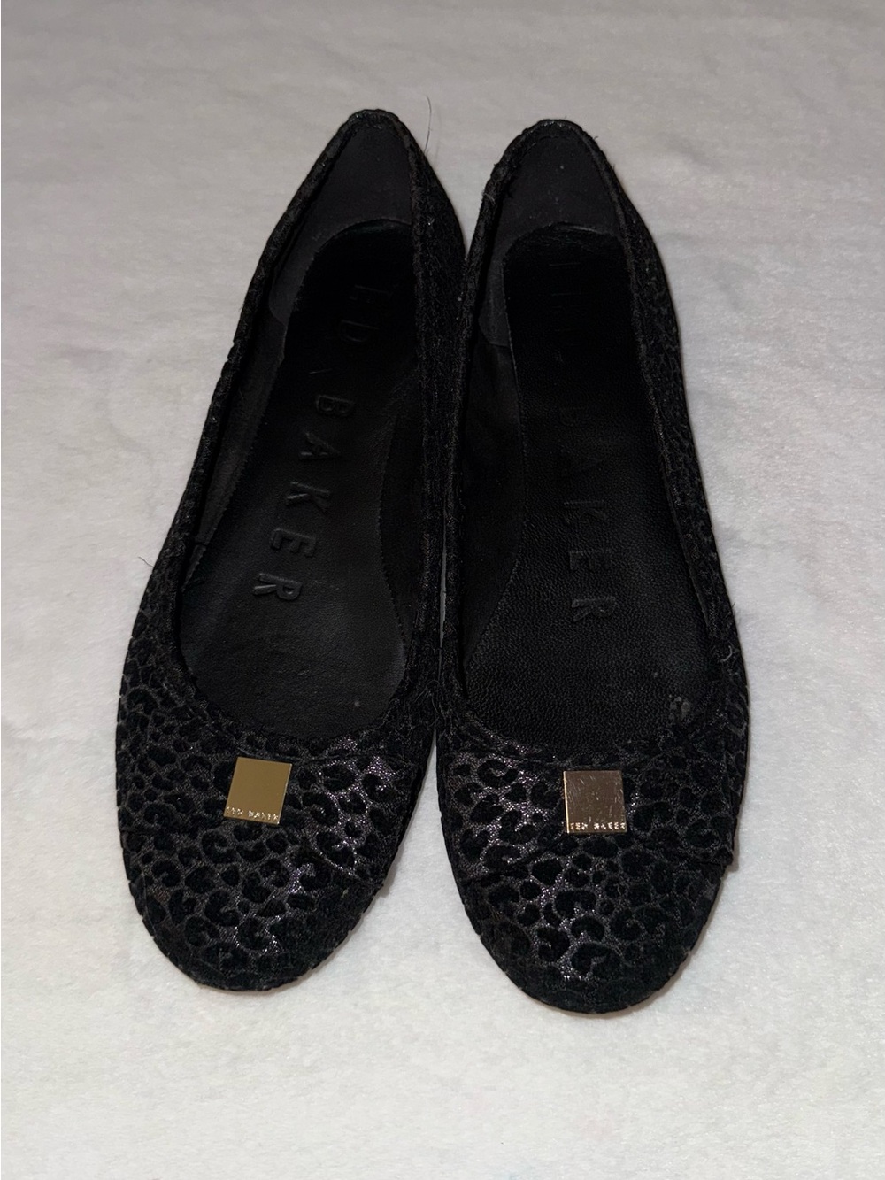 Ted Baker Ballerina Black Flocked Leopard Print Flats,Size-(EU)-38.5;(US)-8